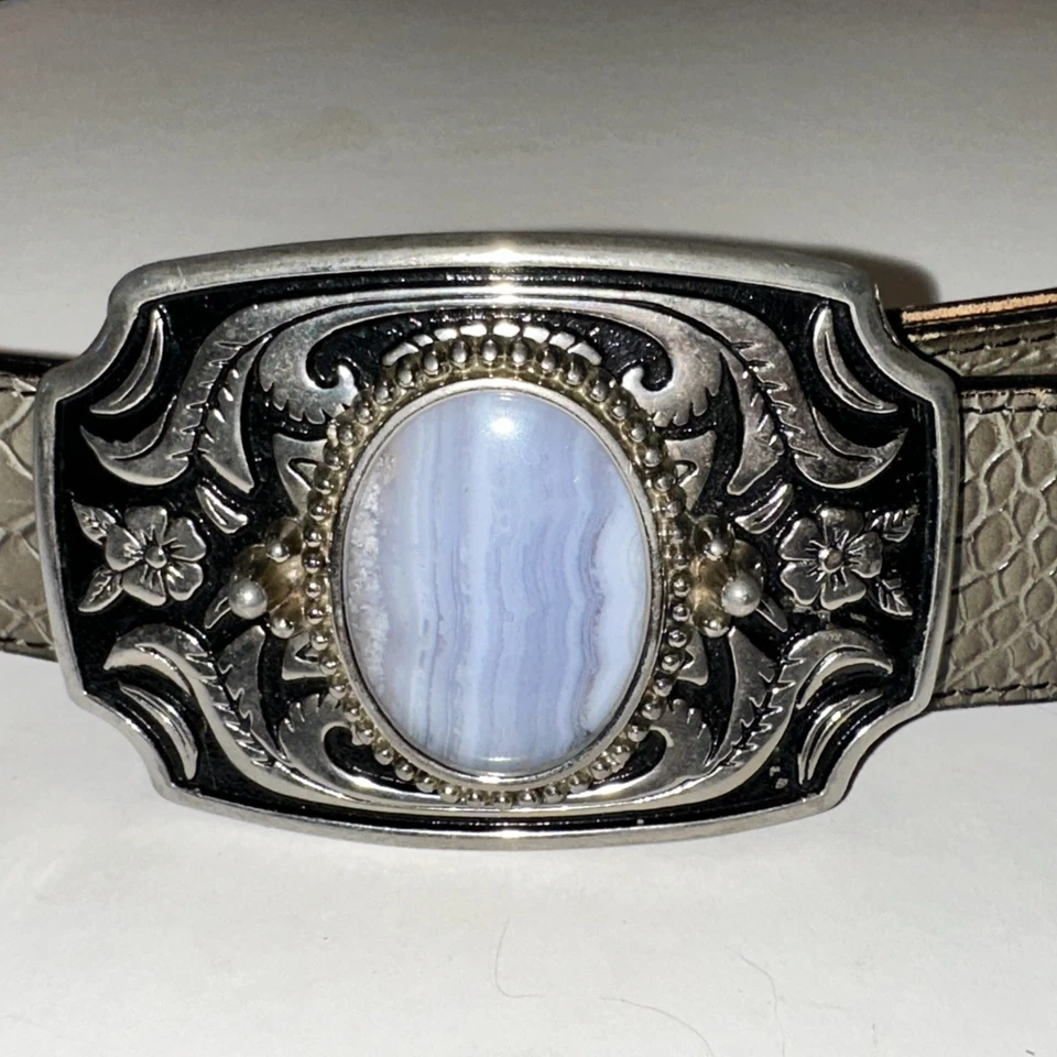 Cinturón Gris Nocona Cuero Genuino Azul Ágata Piedras Preciosas Hebilla Talla 30 Bonita Pátina Foto 3 de 4