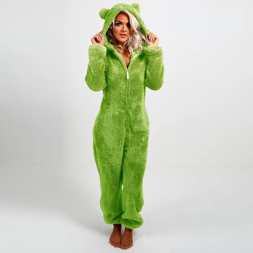 Damen Pyjama Jumpsuit mit Kapuze Winter Warm Teddybär Schlafanzug Plüsch Overall - Bild 18 von 23