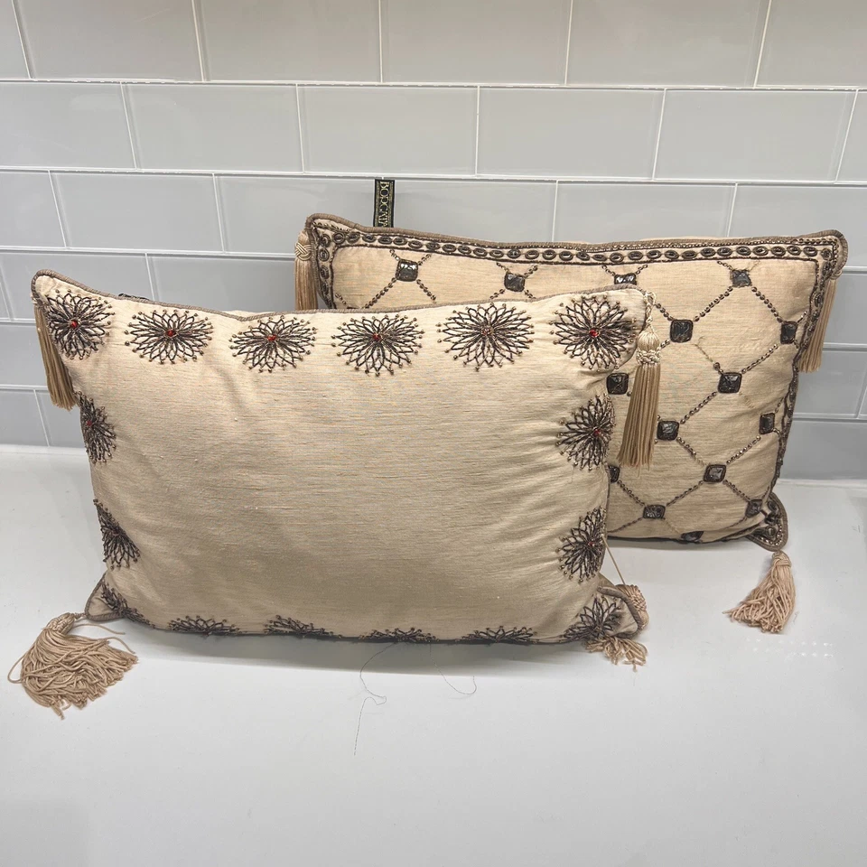 Borgata Baroque Fringe Throw Pillows Sequined & Beaded Accent Cushion Set Of 2 - Image 2 of 4