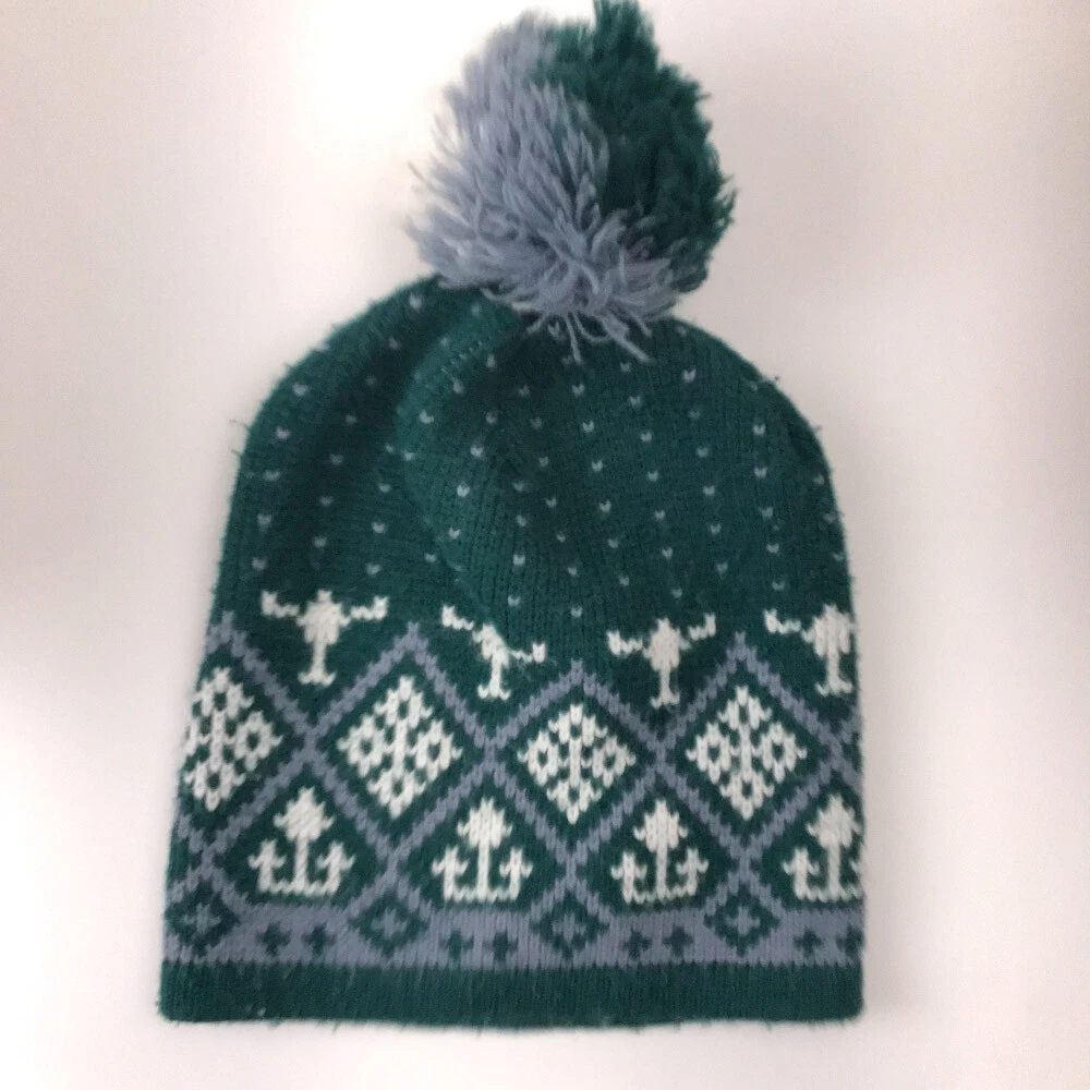 Vintage Made USA Wigwam Mills Green Gray White Pattern Knit Acrylic Pom Pom Cap