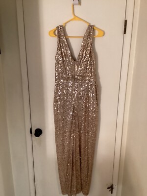 Women "Badgley Mischka"gold sequins sleeveless V-neck long gown. Size 12.  P.O.