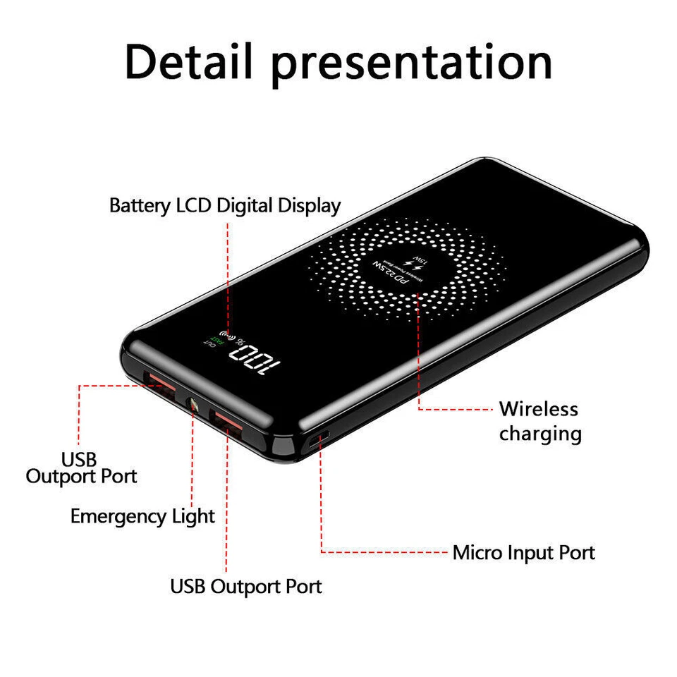 20000mAh Wireless Power Bank Backup Fast Portable Charger External Battery 2USB - Image 2 of 4