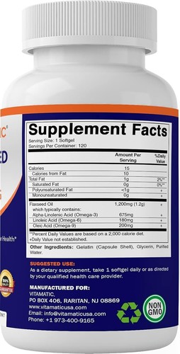 Flaxseed Oil 1200Mg 120 from Cold Pressed Flax Seed - 675 Mg of ALA Omega 3 Fatt - Picture 4 of 6