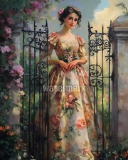Victorian woman in a floral gown by a garden gate oil Painting 8x10 Print