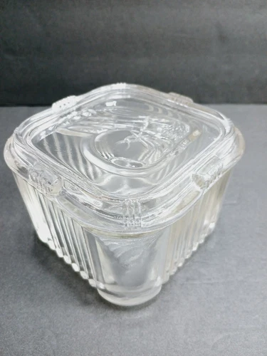 Vtg Federal Glass with Lid Square Refrigerator Dish=Glass/Vegies on Lid=4"x4"