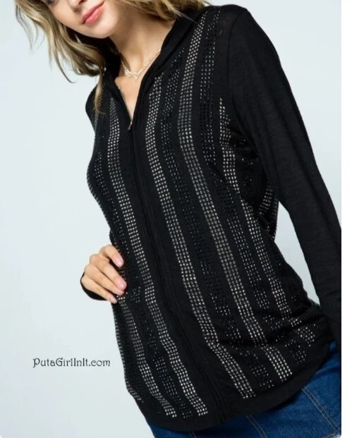 Vocal Brand black Silver Crystal Embellished Nnit Hoodie Zipper Jacket Large - Imagem 3 de 4