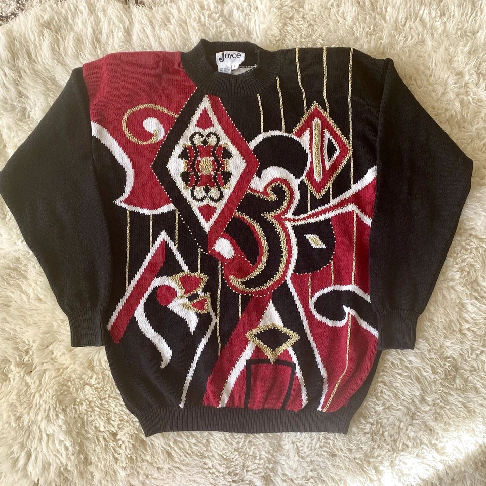 Женский винтажный свитер Joyce 1980-е 80-е красный черный с бисером большой 1990-е 90-е - Изображение 2 из 4