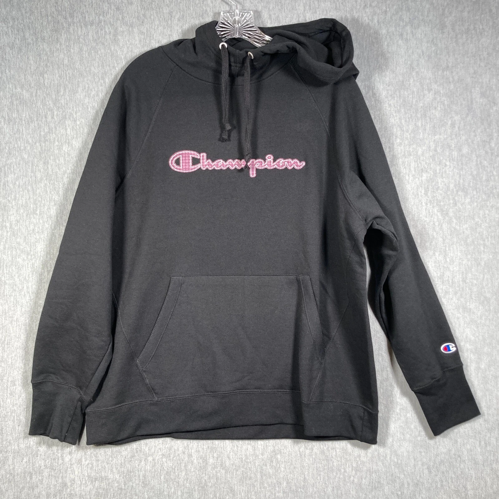 CHAMPION PowerBlend Hoodie Womens XXL Black Lilac Houndstooth Full Script NWT