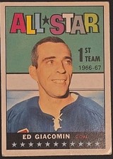 VINTAGE  SPORT  CARD 1967 TOPPS ED GIACOMIN NEW YORK RANGERS ALL STAR TEAM  NO37