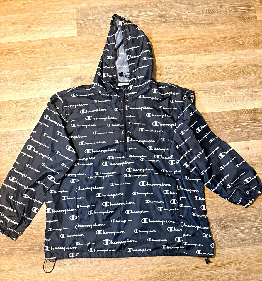 Champion Authentic Athleticwear Hooded Zip Jacket Black Logo Woven Polyester XL