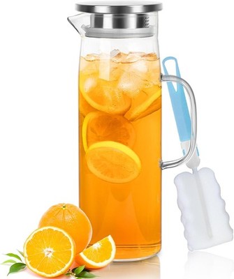 Joeyan 1,5L Glas Wasserkrug mit Deckel, Kühlschranktürkrüge, 1500ml 