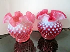 2 Vintage Fenton Pink Cranberry Hobnail Opalescent Glass Vase Ruffled Edges