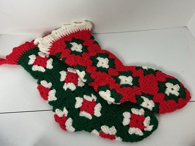 2 VTG Granny Square Crochet Christmas Stocking Pair Red Green White 15 in tall