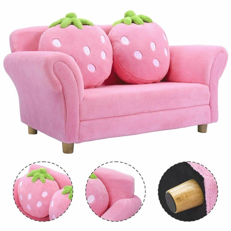 Kids Sofa Strawberry Armrest Chair Lounge Couch W/2-Pillow Children Toddler Pink