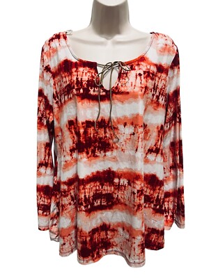 Bobbie Brooks Womens 1X White-Red Tunic Top String Tie Neck Pullover Long Slv.
