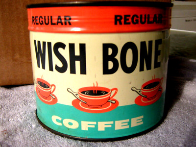 1968 Wish Bone coffee tin, sealed/unopened, NOS, w/hand crank, two sided Image.