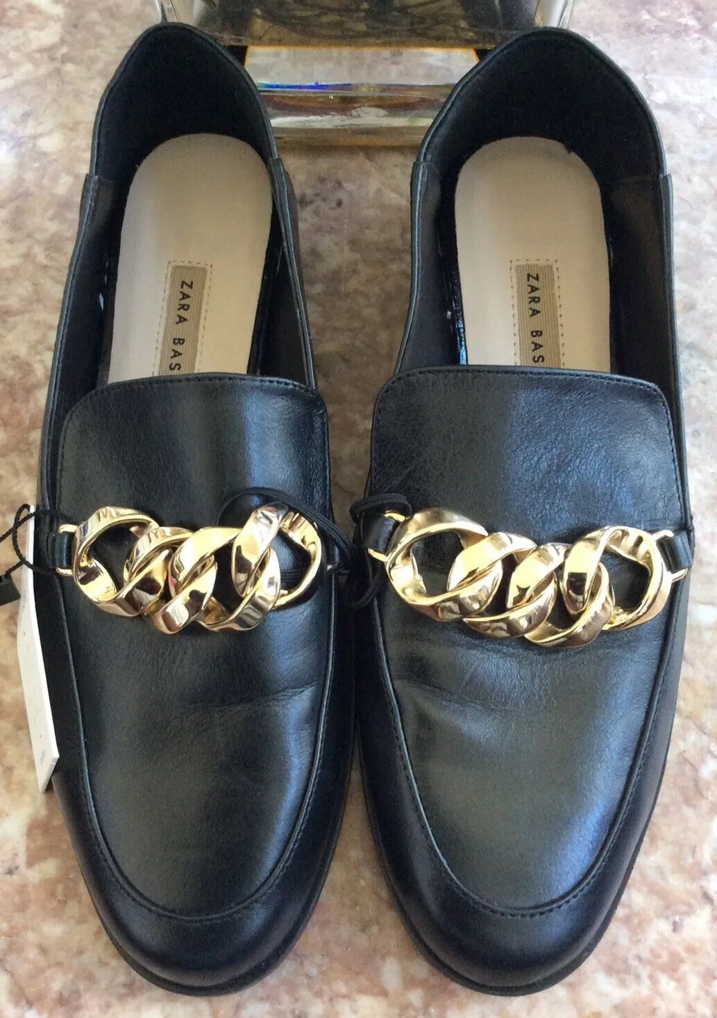 Vind vride suffix New Zara Basic Collection Black Leather Gold Chain Loafers Size 36 EUC / US  6 | eBay