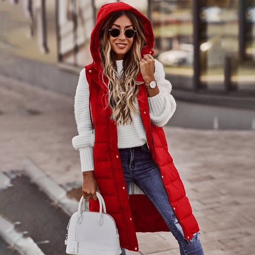 Winter Women's Hooded Quilted Zipper Vest Thick Vest Long and Warm - Foto 11 di 20