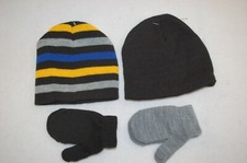 Baby Toddler Boys 4 PC WINTER LOT Beanie Hats Mittens BLACK YELLOW STRIPE Gray