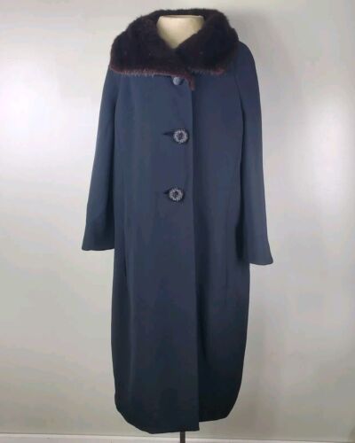 VTG 1950’s Women's M Black Coat Mink Collar Wool Blend Satin Lined Union Marquis