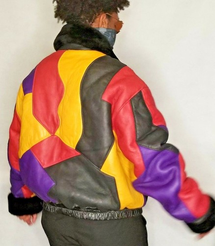 Vintage 1980's Men XL Urban Hip Hop Patch Work Shearling 100% Sheep Skin Jacket - Picture 5 of 12