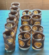 Vintage 1960s M. Dia Safari Cocktail Glasses, Mid Century Set of 14(fourteen)