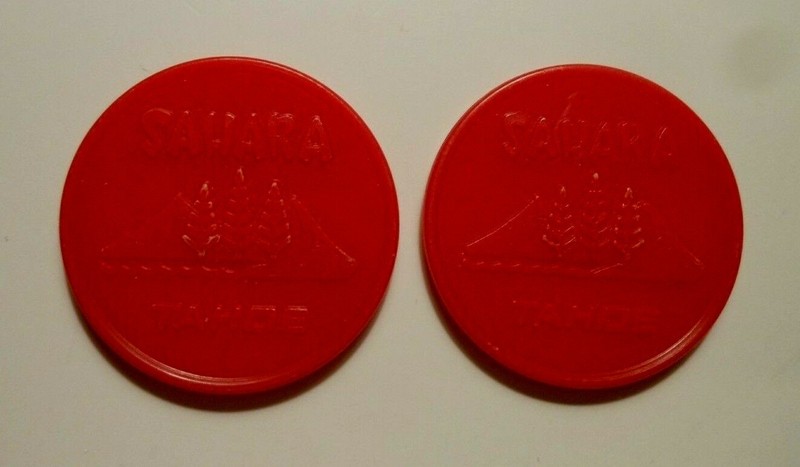(2) OBSOLETE "SAHARA TAHOE CASINO" GOOD FOR ONE DRINK TOKENS LAKE TAHOE, NEVADA