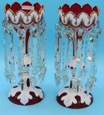 PAIR CRANBERRY CUT OVERLAY MANTLE LUSTRES.