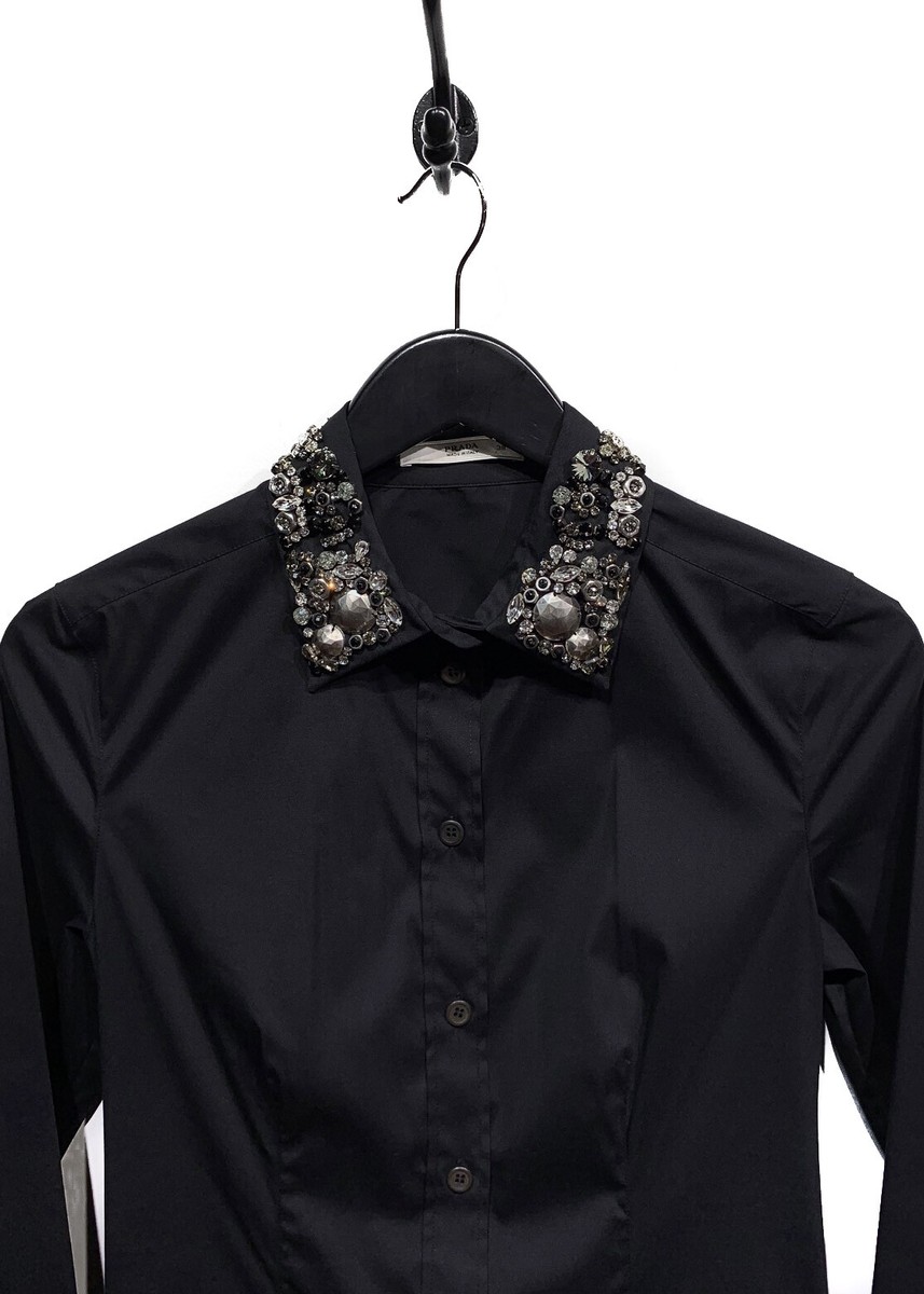 PRADA ベアトップ ブラック38 Prada Black Cotton Shirt with Crystals Embellished Collar | eBay