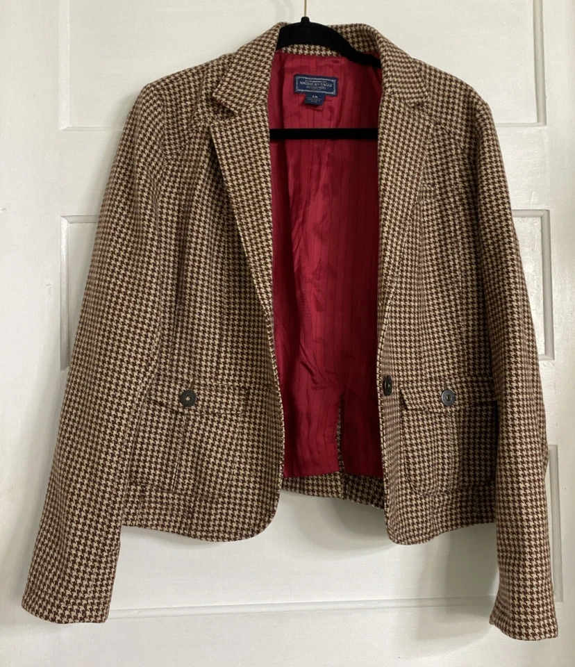 American Eagle Blazer Jacket Women Sz L Brown Houndstooth Wool Prep Academia Vtg - Image 3 of 4