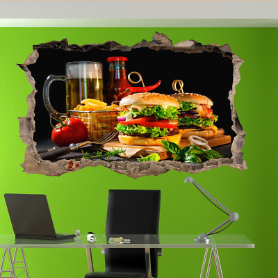 LEBENSMITTEL BURGER CHIPS BIER WANDAUFKLEBER 3D KUNST WANDBILD POSTER BÜRO WOHNDEKO UT4