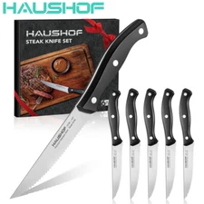 HAUSHOF Steak Knives Set 6PCS Stainless Steel Knives Serrated 9" Full Tang Knife