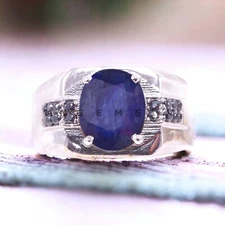 Blue Sapphire Gemstone With 925 Sterling Silver Ring For Men's #BL294
