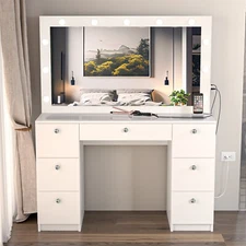 Vanity Table, Mirror, Glass Top, Built-in Lights, 7 Drawers, Crystal Knobs