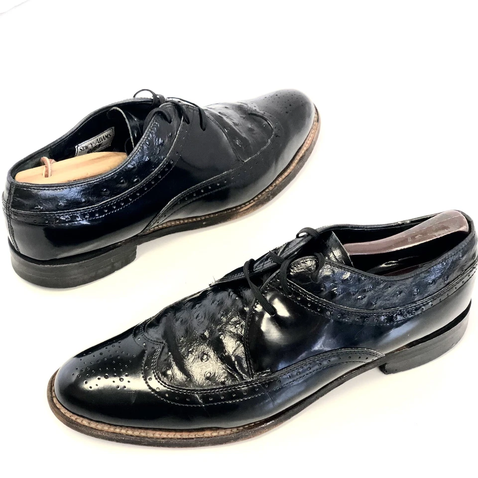 Vtg Stacy Adams Leather OSTRICH Grain ROCKABILLY Dress Shoe WINGTIP Oxford 8.5 - Image 2 of 4