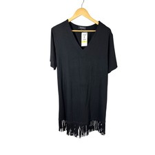 Karen Kane Black V-Neck Soft Knit Fringe Hem Dress Short Sleeve Summer Medium