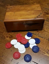 Vintage Poker Chip Set in Heavy Storage Wood Box Inlaid Wood & Dovetail Corners