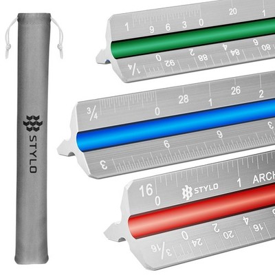 12'' Aluminum Architect Scale Ruler Laser Etched Triangle Drafting Ruler, Colo...