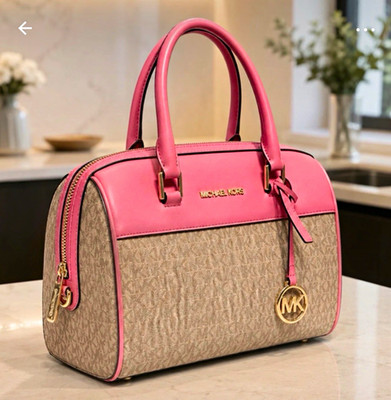 Michael Kors Signature Logo Beige Pink Satchel Top Handle Zip Bag Charm Gold