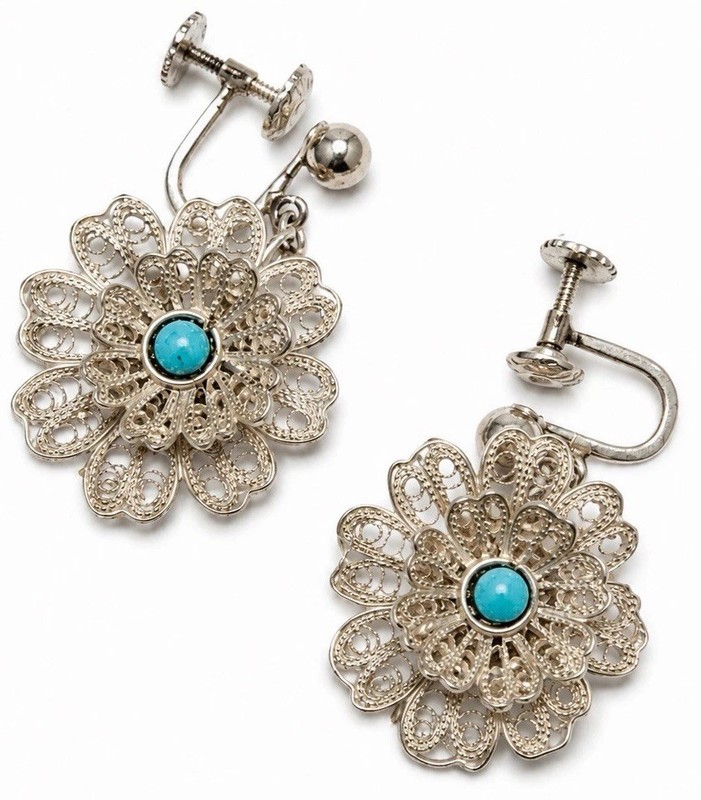 Vintage Sterling Silver Filigree Flower Earrings Turquoise Screw Back 6.92Gr