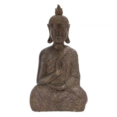 Brown Polystone Meditating Buddha Sculpture with Engraved Carvings and Relief De
