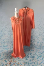 Vintage Gossard Artemis Nightgown Robe Set Women Large Orange Embroidery USA 70s