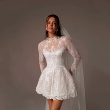 Vintage A-Line Lace Appliques Mini Wedding Dress For Women Simple High Neck
