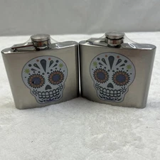 5oz Stainless Steel Lot Of 2 Hip Flask Sugar Skull Pocket Flask