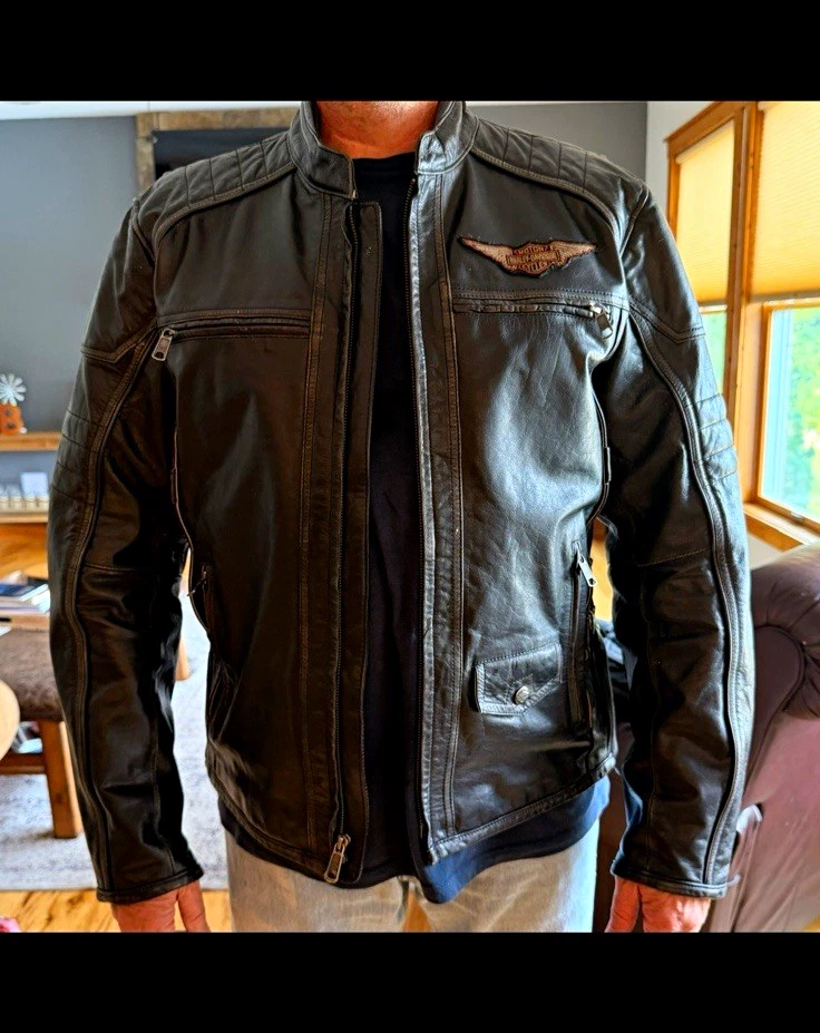 Harley-Davidson Men’s L Black Leather Motorcycle Jacket Full Zip Embroidered image 1