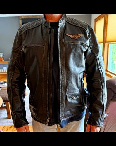 Harley-Davidson Men’s L Black Leather Motorcycle Jacket Full Zip Embroidered - product listing photo