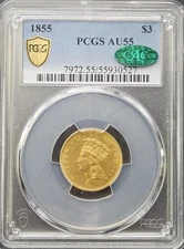 1855 $3 Indian Princess PCGS AU 55 CAC, Eye Catching!