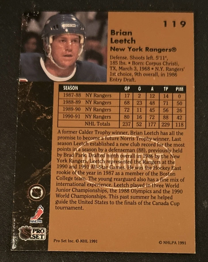 1991-92 Parkhurst Brian Leetch Hockey Card #119 Rangers Defense VG O/C - Image 2 of 3