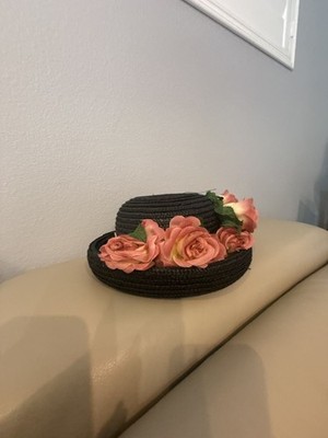 Vintage Black Straw Floral Cloche Hat