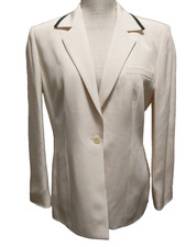 Vtg 90s Oscar de la Renta Women's Cream 100 Silk Black Trim Blazer Korea 10P
